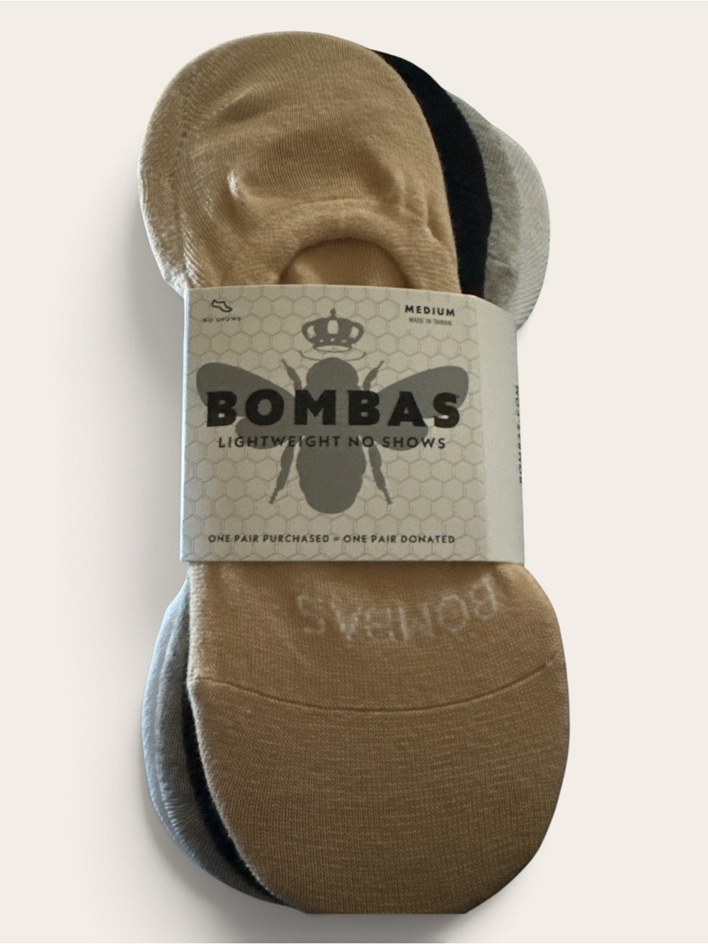 NWT Bombas Unisex Lightweight No-Show Sock 4 Pack Tan, Black, Gray & White SZ M